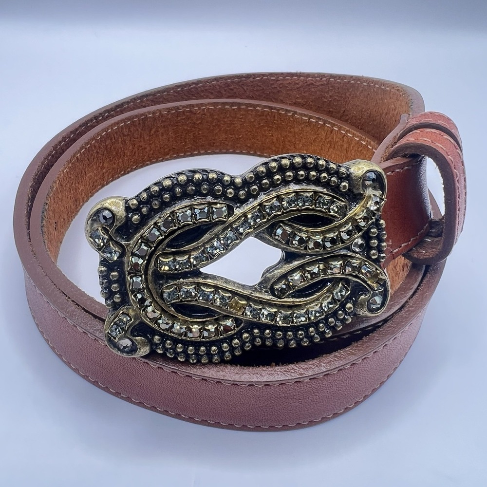 VTG Leatherock Leather Statement Belt XS Brown Western Glam Festival Boho-Chic